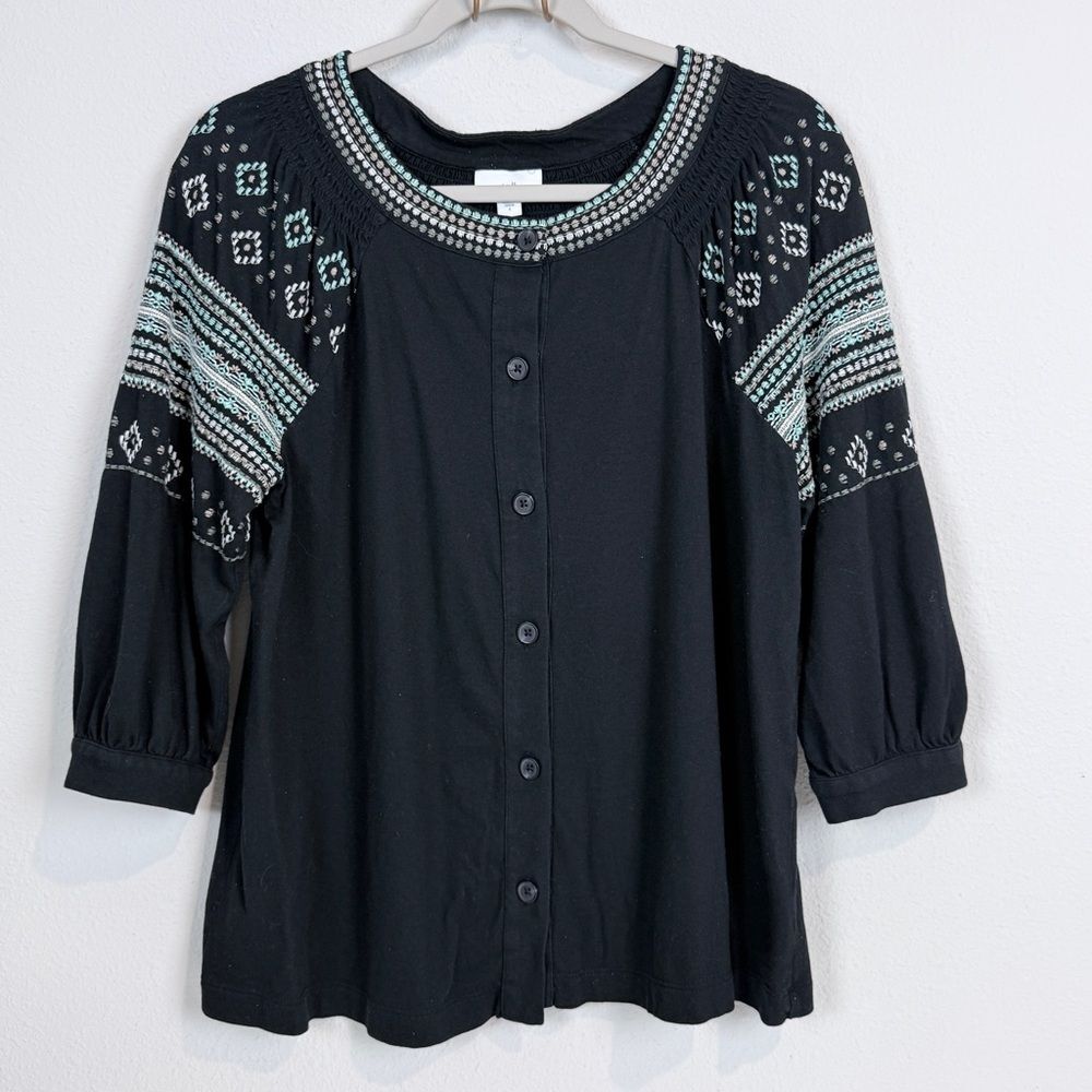 J. Jill Black and Teal Embroidered Button Up Blouse S